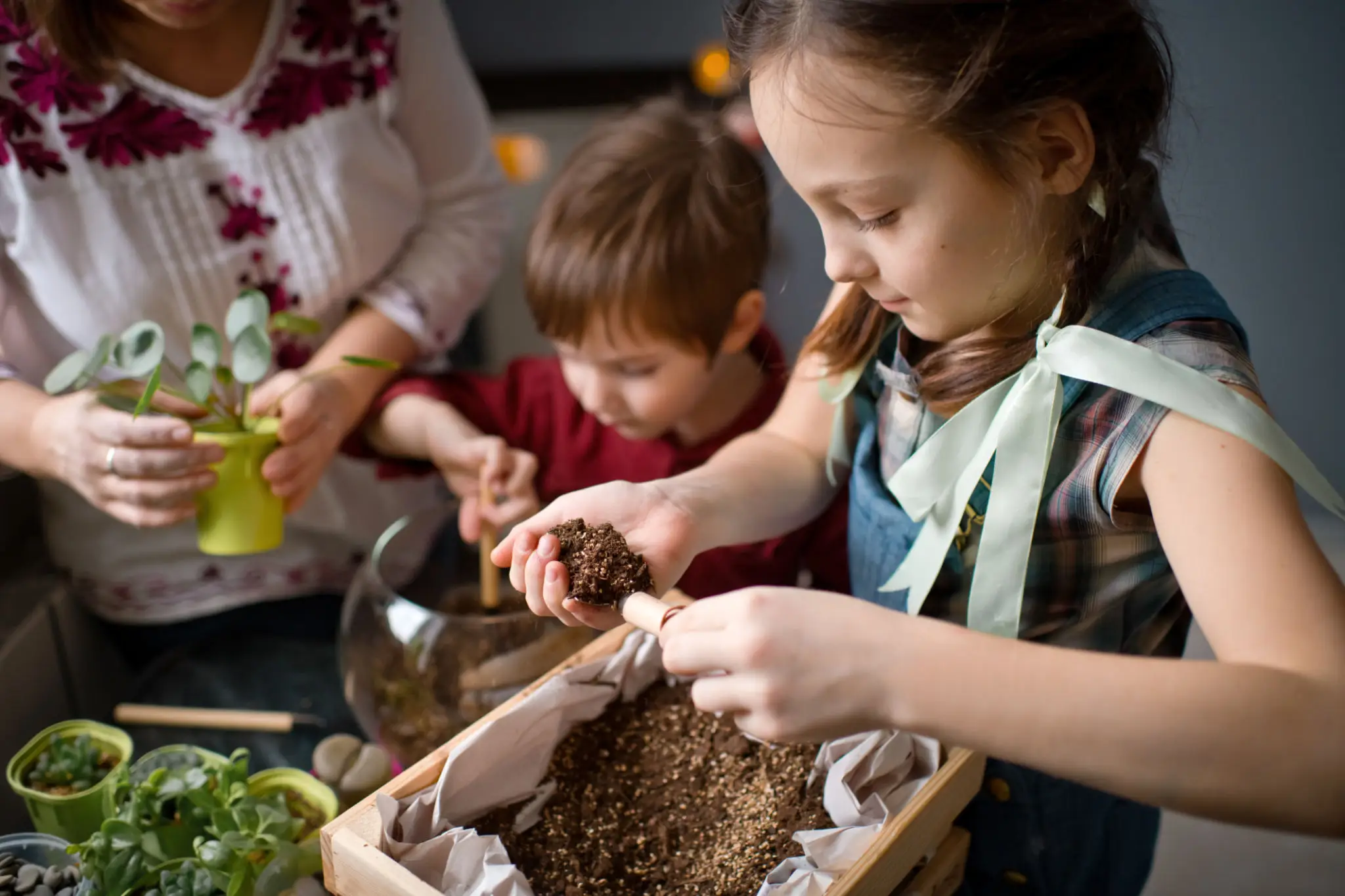 Children planting seeds with adult supervision.