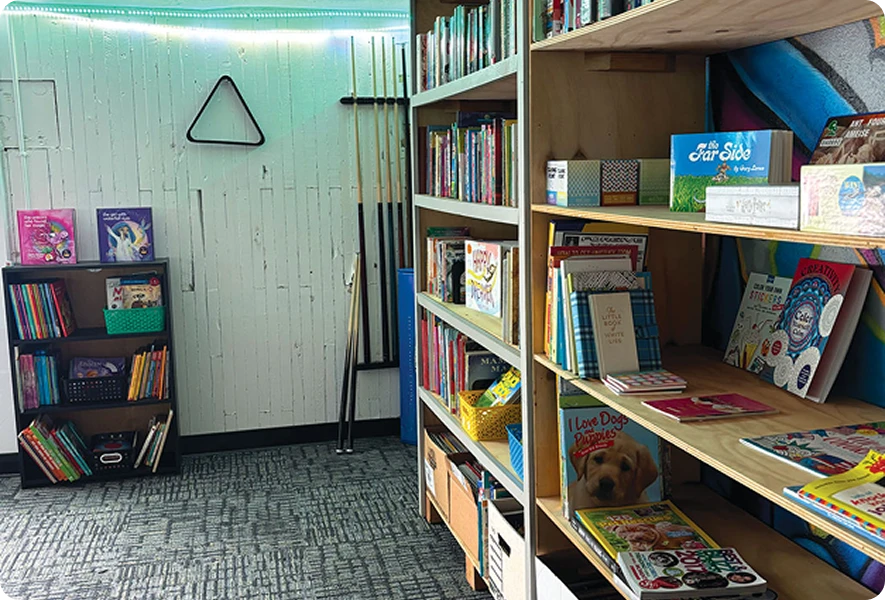 Colorful library corner with bookshelves