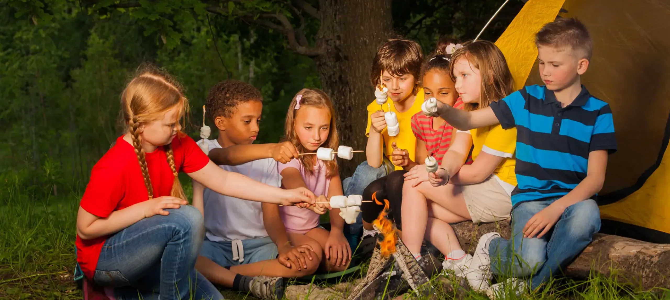 Children roasting marshmallows by a campfire.